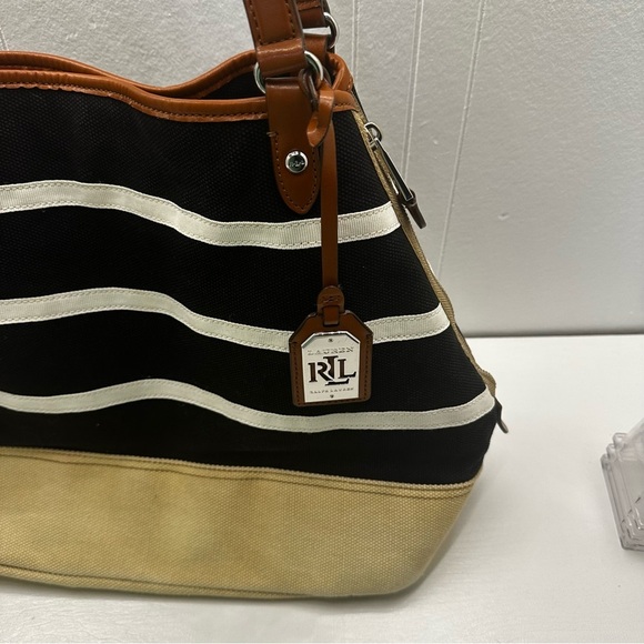 Lauren Ralph Lauren Black White Striped Canvas Tote Bag, Tan Base, Leather Trim - Picture 4 of 13